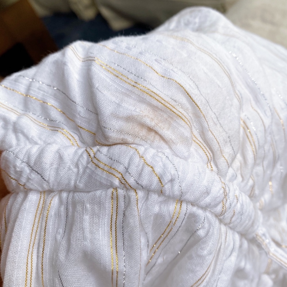 🐚 LOFT WHITE SILVER GOLD THREAD SUMMER RUFFLE MIDI DRESS! - Picture 11 of 13